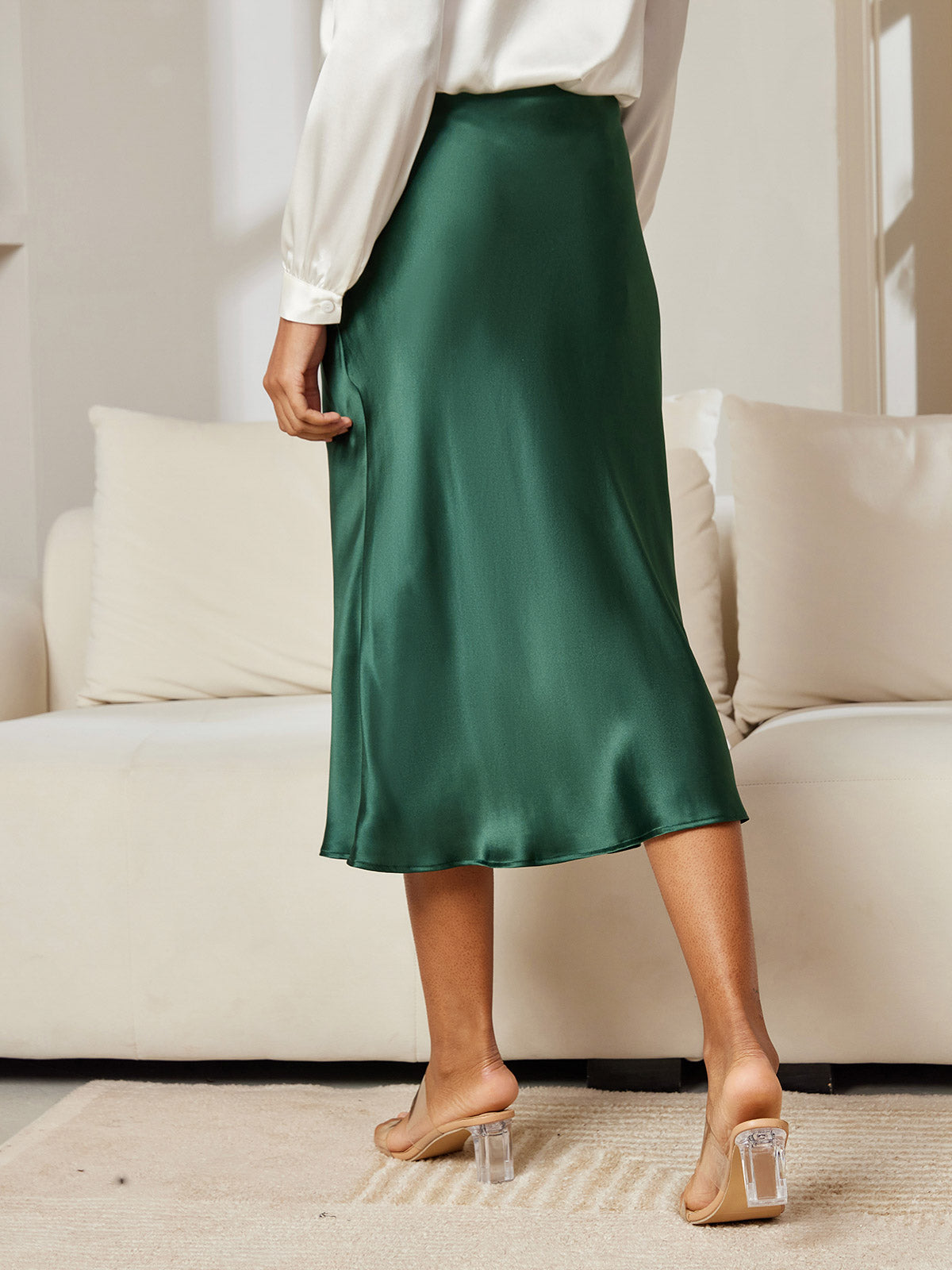 Camille Satin Midi Skirt in Silky Ivory