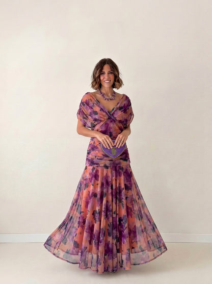 Vestido largo drapeado estilizador